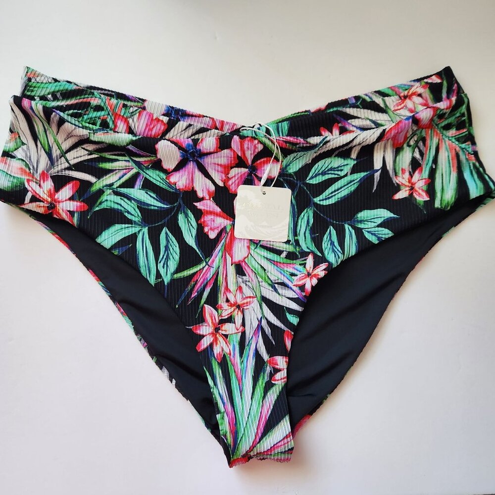 Floral High-Waisted Bikini Bottoms 1X By Coastal Waves NWT